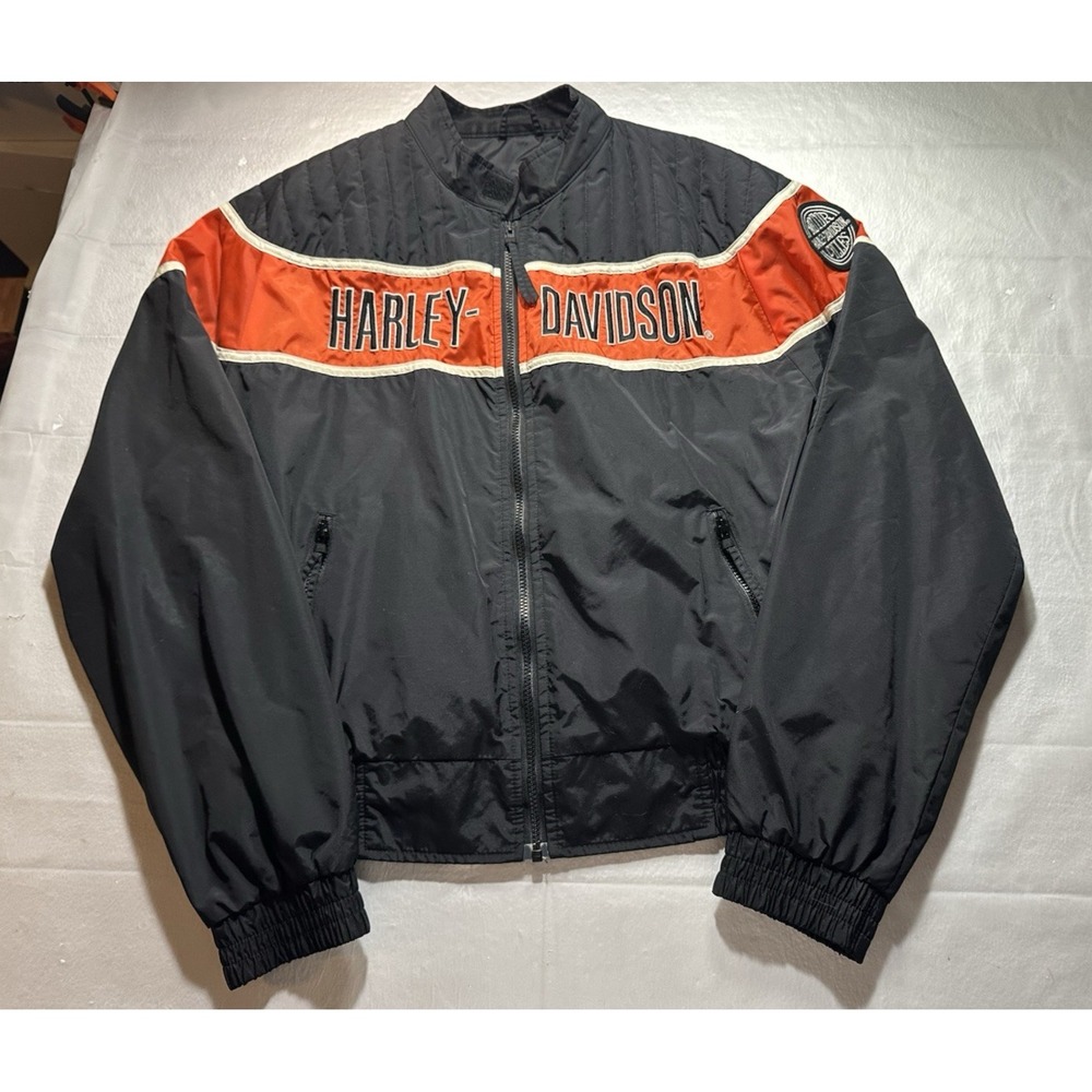 Harley Davidson Jacket Mens XL Black Orange USA Made Motorcycle Bikerwear Nylon